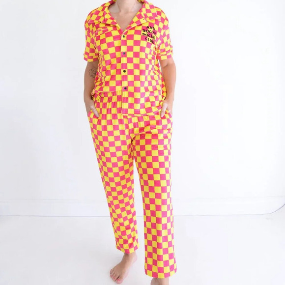 Anti Social Social Club Pink Yellow Checker Velour 2 Piece Pajamas 100% Cotton S - Picture 3 of 16